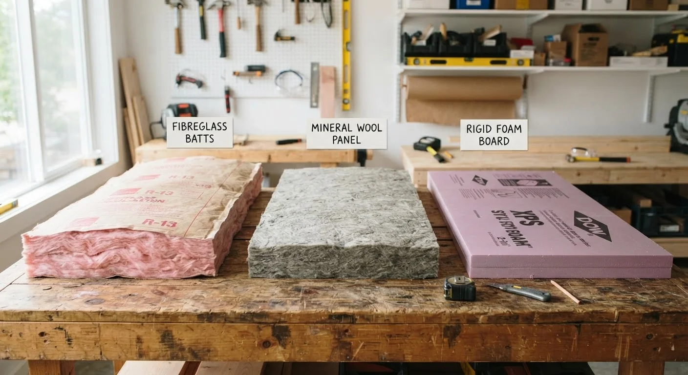 Insulation Materials Side by Side: Fibreglass, Mineral Wool, and Rigid Foam